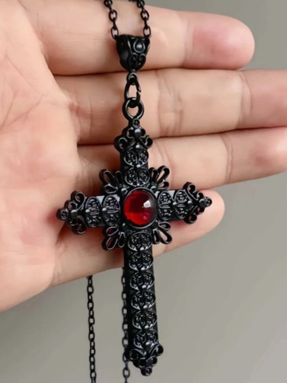 DESIGNER Medieval Goth Large Black Cross Red Cabochon Stone Chain Necklace**NEW!